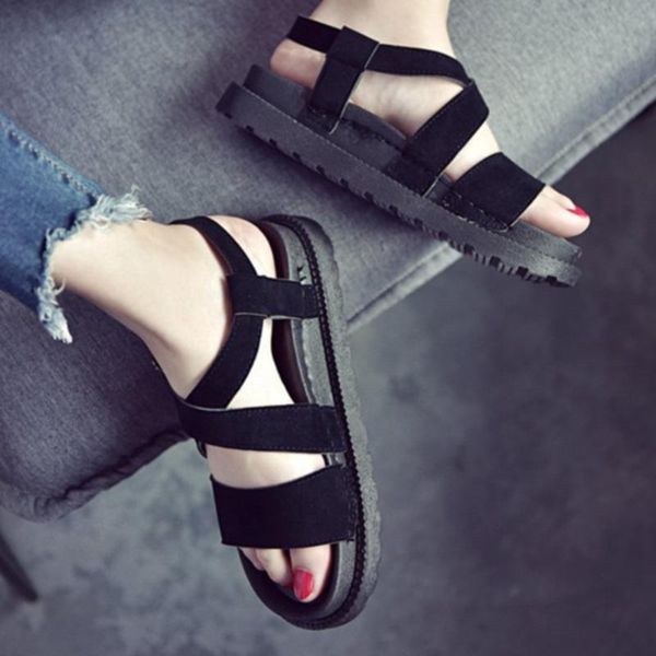 

casual muffin wedge students fashion women sandals female summer sweet pu leather korean version flat bottom shoes fish mouth, Black