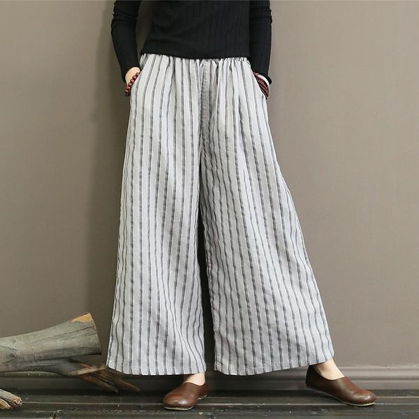 

women's pants & capris johnature women striped wide leg autumn linen trouser 2021 elastic waist vintage loose clothing, Black;white