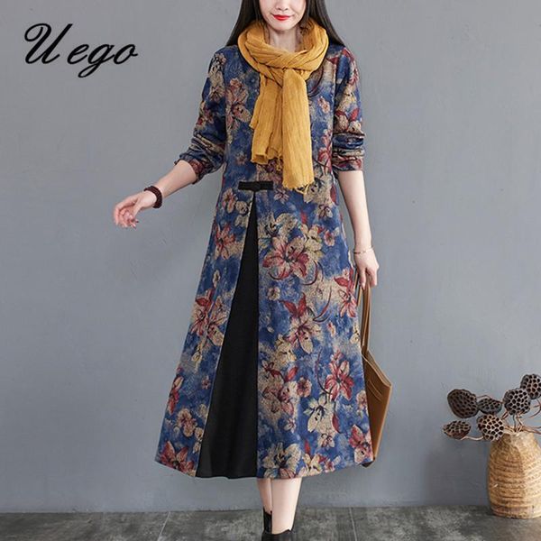 

casual dresses uego woolen autumn winter dress print floral patchwork vintage plus size women cotton female, Black;gray
