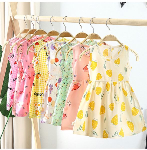 

girls summer dress sleeveless cotton poplin fabric cute print vest skirt nightgown clothing 2-8t kids baby clothes travel floral nightwear, Red;yellow