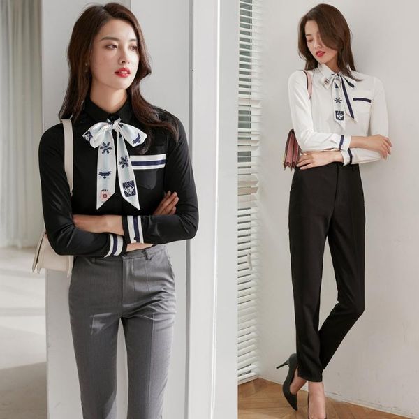 

women's blouses & shirts fashion pantsuits women black white long sleeve office ladies work pant and sets ol styles