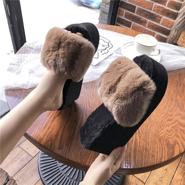 

slippers shoes woman 2021 casual fur flip flops flock pantofle platform luxury plush flat soft leisure autumn rome slides wi, Black