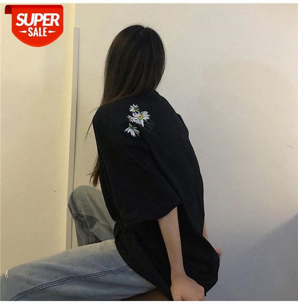 

mid-length net red embroidered short-sleeved t-shirt women loose korean version of the tide small daisy harajuku style strange #uc5i, White