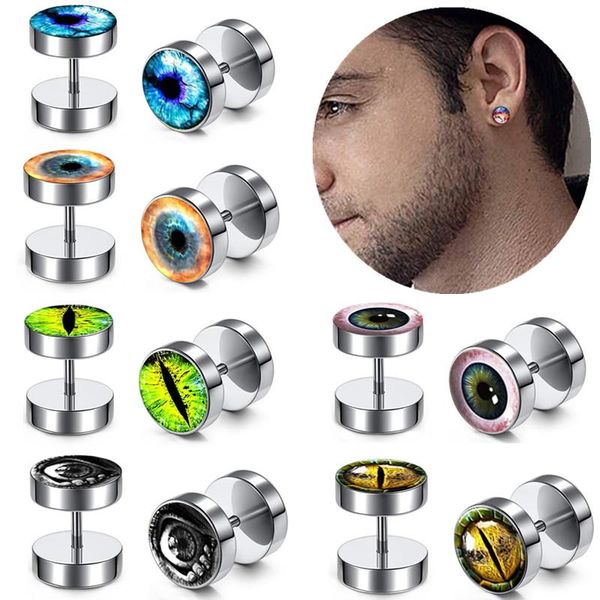 

stud 1pair stainless steel eyes earring for men punk barbell women gothic fake ear plug fashion dumbbell earrings, Golden;silver
