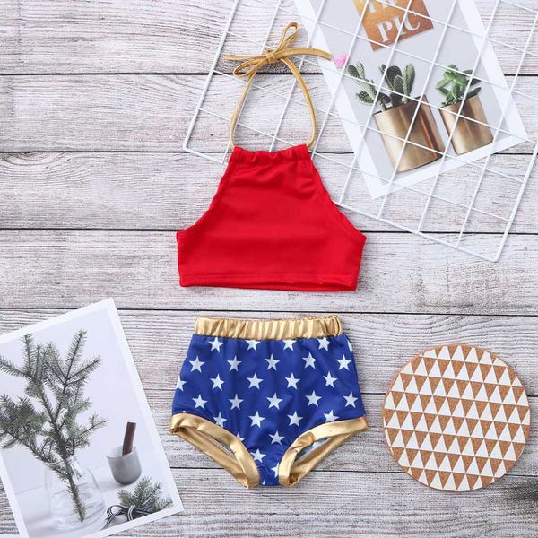 

4th of july kids baby girls 2pcs swimwear bikini tankini swimsuit bathing suit, White