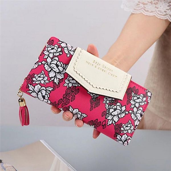 

purse 2021 women floral tassel leather clutch long wallet lady card holder bag, White