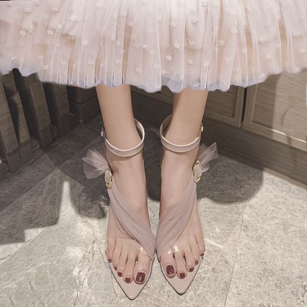 

2021 sandals transparent ribbon stiletto heel elegant women's rhinestone buckle transparent pointed open toe women's shoes, Black