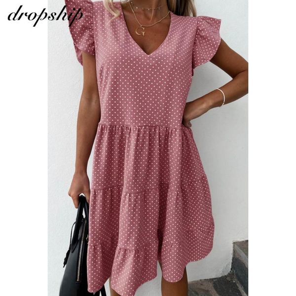 

women summer sundress casual ruffles sleeves v-neck dot boho party vestidos elegant mini dresses fashion, Black;gray