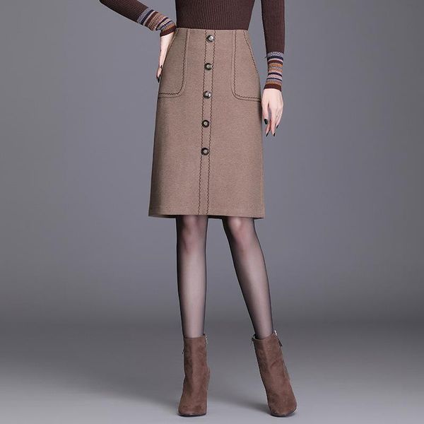 

skirts autumn& winter woolen skirt high waist thin simple casual all-match women a-line bag hip mid-length tide, Black