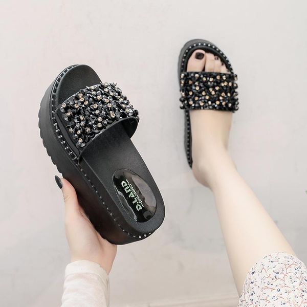 

glitter slides shoes woman 2021 female slippers heeled mules on a wedge string bead fashion lady platform jelly high luxury, Black