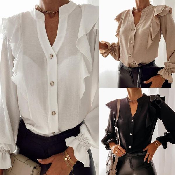 

casual women autumn solid color long sleeve blouse ruffle single-breasted shirt women's clothing blusas mujer de moda 2021 blouses & sh, White