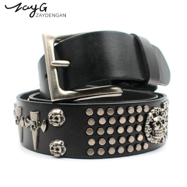 

fashion hip-hop punk neutral luxurious rivet belts skull pin buckles leather men and women gothic belt, Black;brown