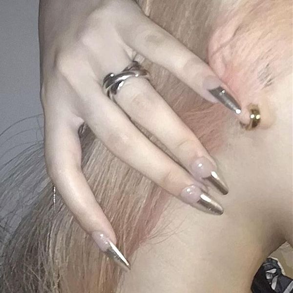 

nail gel 24pcs french silver round wear long paragraph fashion manicure patch false nails save time wearable, Red;pink