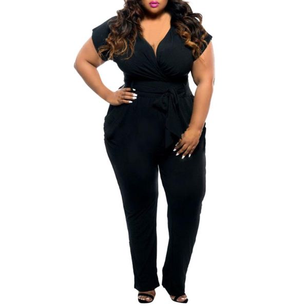

women's jumpsuits & rompers clothes 2021 plus size v-neck short sleeved belt pocket straight jumpsuit drop, Black;white