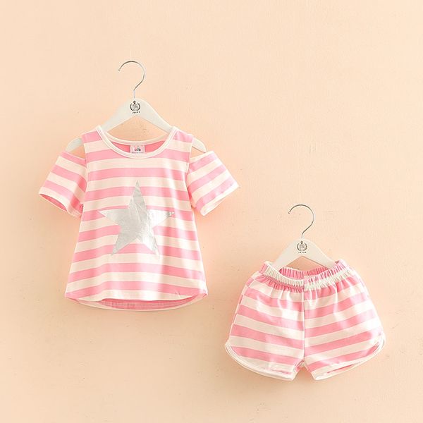 

Girls Clothing Set 2021 Summer 2-10 Years Old Kids Girl Star Strip Print Wrap Shoulder T Shirt+Shorts Sports 2 Pcs Tracksuit Set, Black