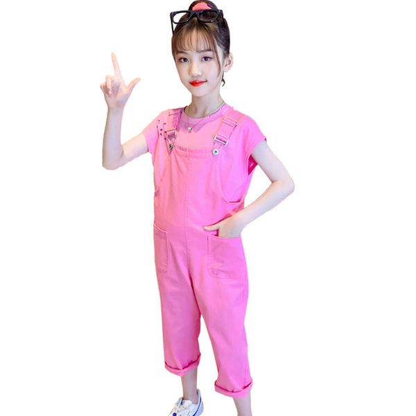 

children clothes solid tshirt + jumpsuit tracksuits for girls summer girl clothing casual style children's sports 210528, White