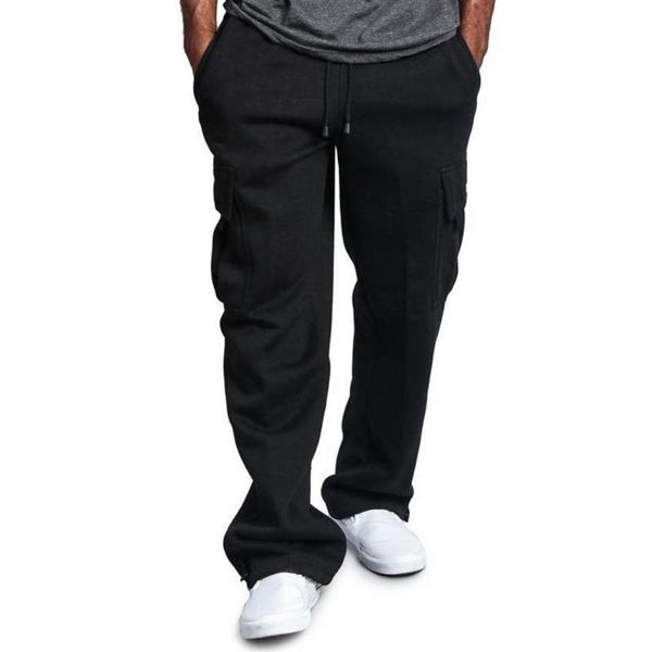

men's pants casual men solid color multi pockets trousers drawstring loose sports straight clothing 2021, Black