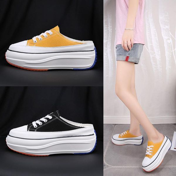 

canvas slippers women summer sneakers half slipper mules 2021 platform slip on casual shoes female slides m6-70, Black