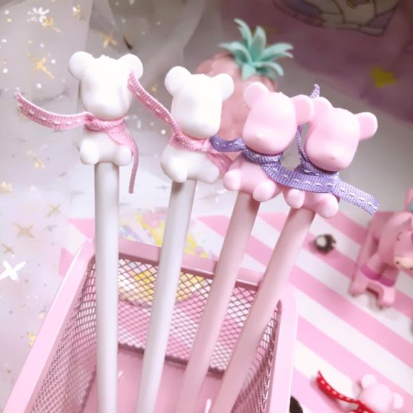 

gel pens kawaii 3d bear ribbon pen creative school student stationery 0.5mm black ink handles supplies gift for girls writing