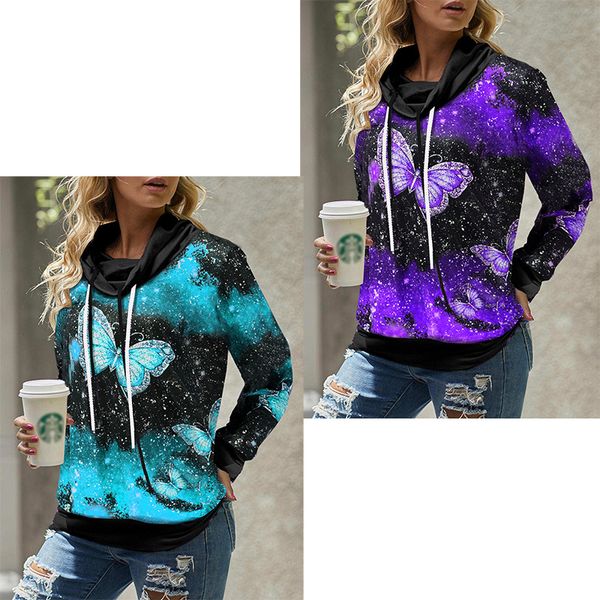 

drawstring detail butterfly print cowl neck sweatshirt, Black