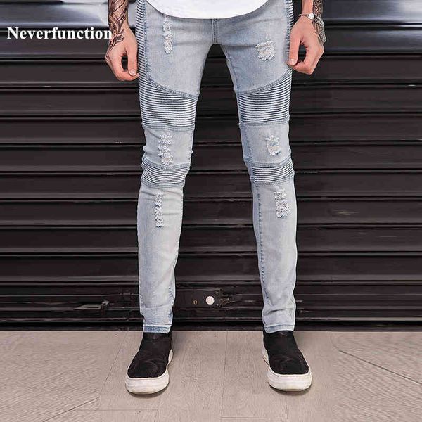 

jeans fashion ripped knee pleated stretchy skinny biker slim destroyed motorcycle streetwear hip hop hole men denim, Blue