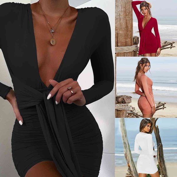 

station deep v long sleeve bandage pleated buttock dress women's xl, Black;gray