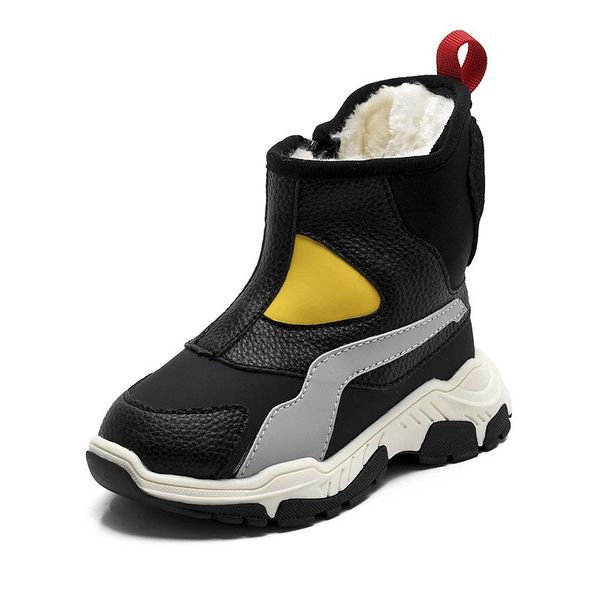 

boots waterproof snow child winter plush fur cotton padded shoes high boy ankle warm snowboots for children, Black;grey