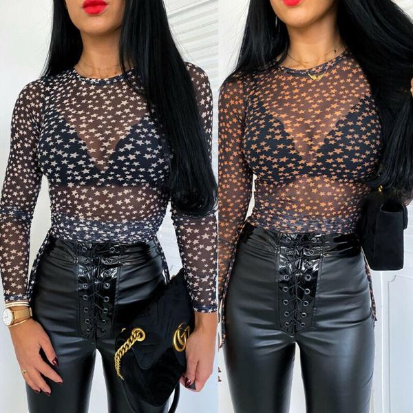 

women's t-shirt fashion women summer flower printed mesh ladies see-through sheer fishnet crop female clothes, White