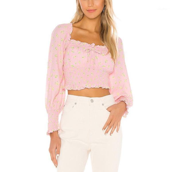 

casual floral puff sleeve vacation blouse ruffles square collar crop sweet preppy style pullover shirts women's blouses &, White