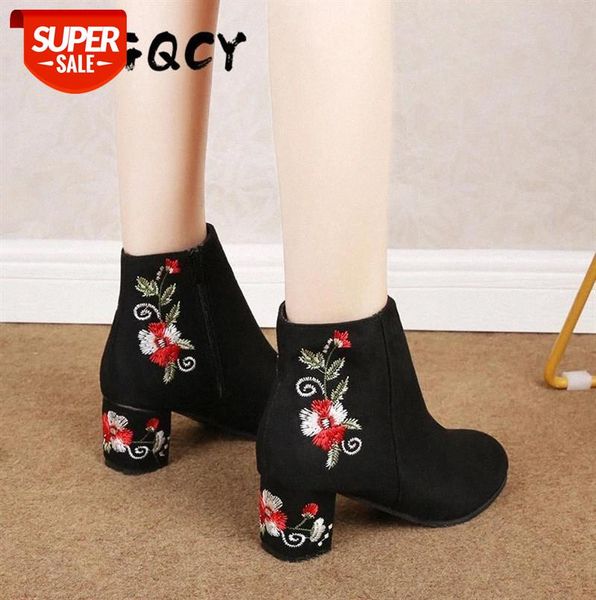 

new women boots winter warm ankle boots embroider vintage fashion square heels flower pumps ladies zip suede female shoes #zg8u