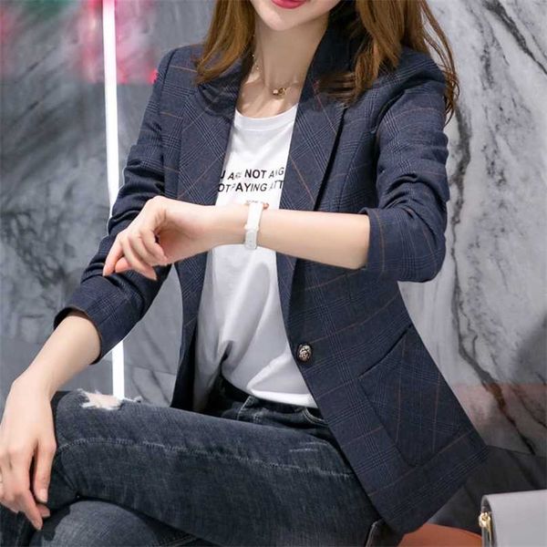 

peonfly vintage casual plaid blazer women fashion single button office ladies jacket coat notched collar long sleeve 211019, White;black