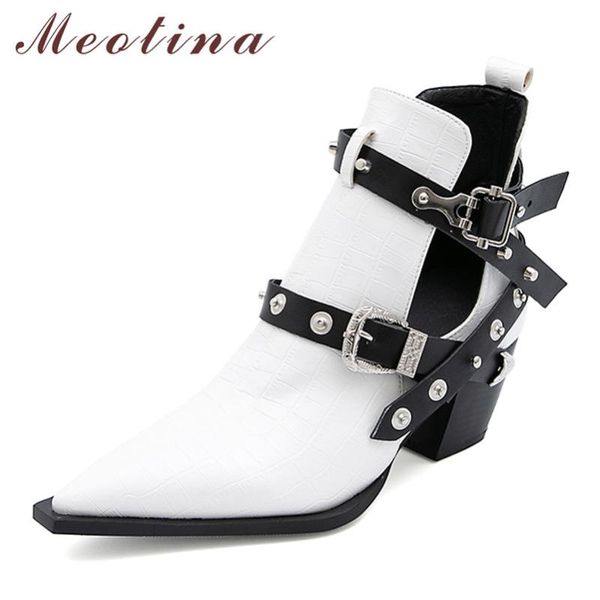 

boots meotina short women shoes rivet buckle high heel ankle pointed toe block heels metal decoration lady autumn, Black