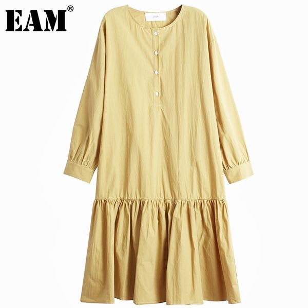

[eam] women yellow pleated hem big size long dress round neck long sleeve loose fit fashion spring autumn 1dd8655 21512, Black;gray