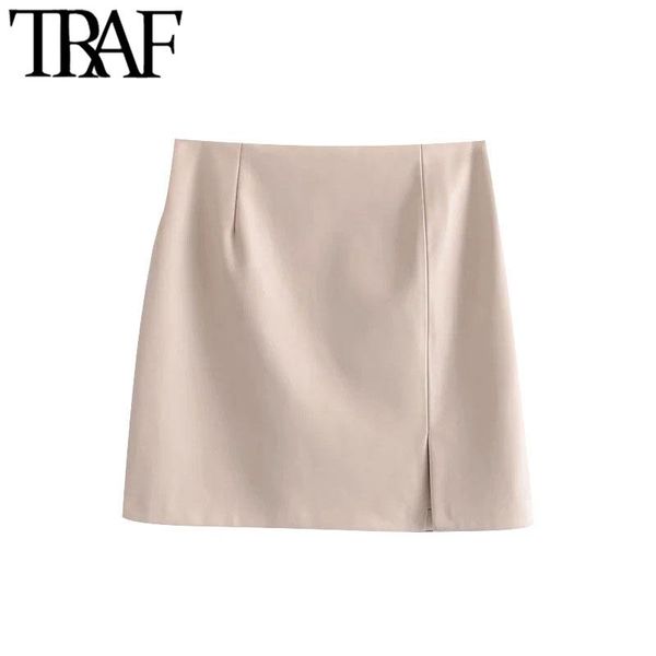 

skirts traf women chic fashion faux leather front slit mini skirt vintage high waist back zipper female mujer, Black