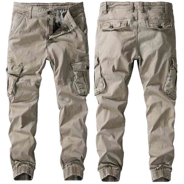 

men spring autumn pants pure cotton work trousers mens cargo fashion clothing military multi-pockets army 210818, Black