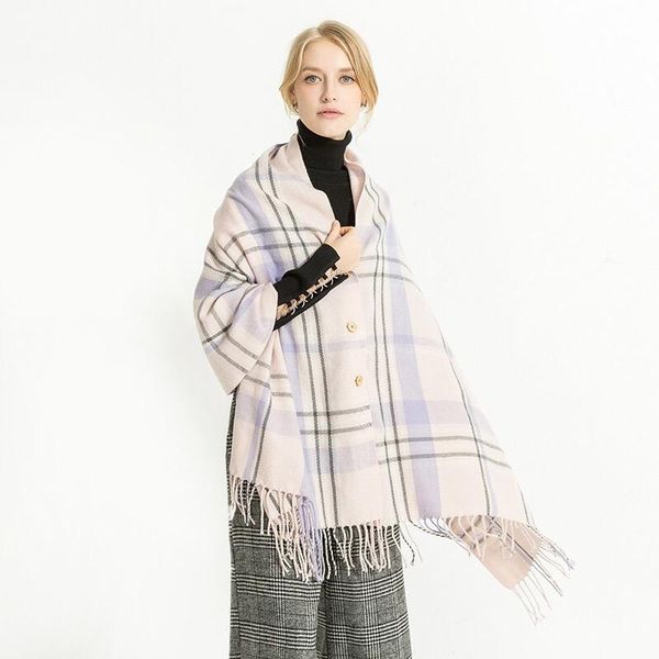 

scarves fashion korean button cloak cape autumn and winter dual thick tassel plaid scarf shawl women girls, Blue;gray