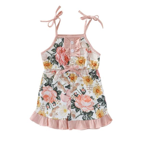 

clothing sets kids baby girl jumpsuit 2021 summer floral/rainbow/leopard print sleeveless sling with ruffle cotton for 6m-4y, White