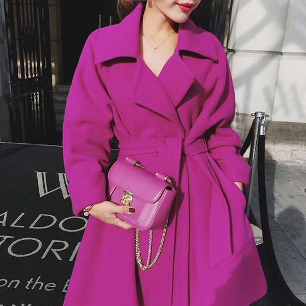 

autumn winter women fashion thicken purple elegant lace up office lady long slim overcoat female outerwear chic women's wool & blends, Black