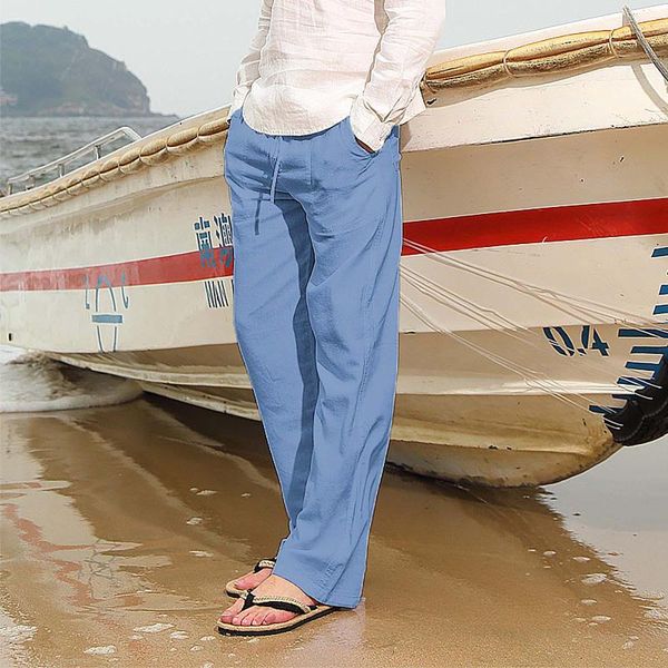 

men's jeans men summer style linen trousers 2021 solid drawstring long pants casual clothing pantalon homme#g3, Blue