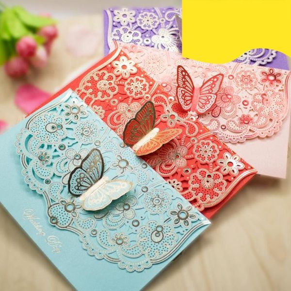

greeting cards butterfly style pink red blue purple wedding invitation card engagement invitations with inner paper envelopes