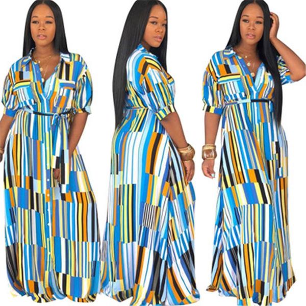 

womens stripe colors printing dresses fashion trend short sleeve long shirt skirts designer famale summer elegant v neck loose blouses, White