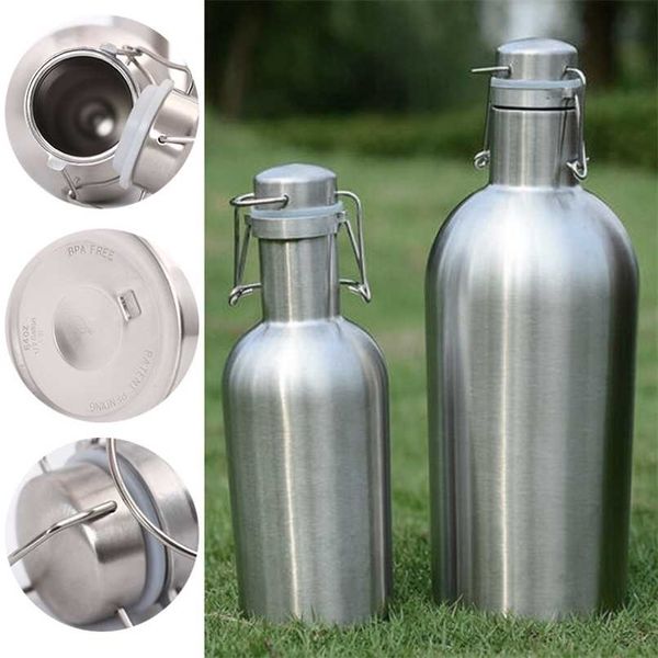 Mayitr 1pc 1L/2L 32oz/64oz Edelstahl Wasser Flasche Bier Thermos Growler Outdoor Isolierung fass Für Sport 211122