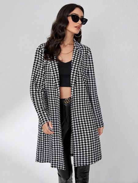 

houndstooth print lapel neck blazer e8yy#, White;black