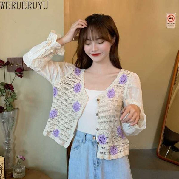 Werueruyu primavera e outono mulheres malha cardigan recorte coreano suéteres feminina chique solta v-pescoço vintage camisola top 210608