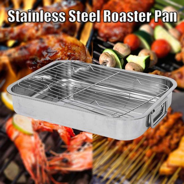

grills 42*32*7cm stainless bbq grill pan chicken roaster cooking tray pizza fries tater tots nonstick bakeware with rack