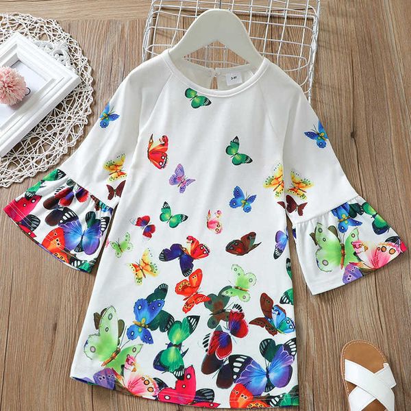 2021 New Spring Autumn Butterfly Pattern Dress Flare Sleeve Casual Dress Children Dress Baby Girl Clothes Q0716