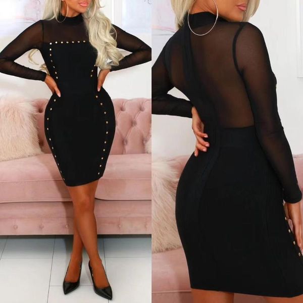 

casual dresses women bandage bodycon dress office lady ol clothes spring long sleeve mesh black party cocktail short, Black;gray