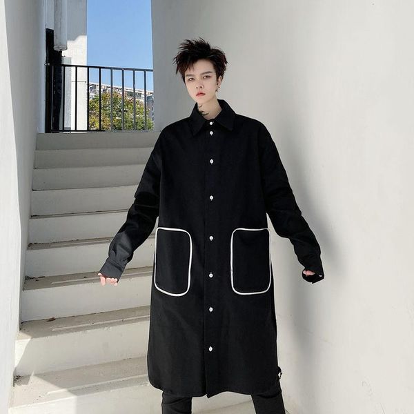 

men's casual shirts 2021 autumn solid color turn-down collar long sleeve shirt for men two pockets loose japan style clothing, White;black