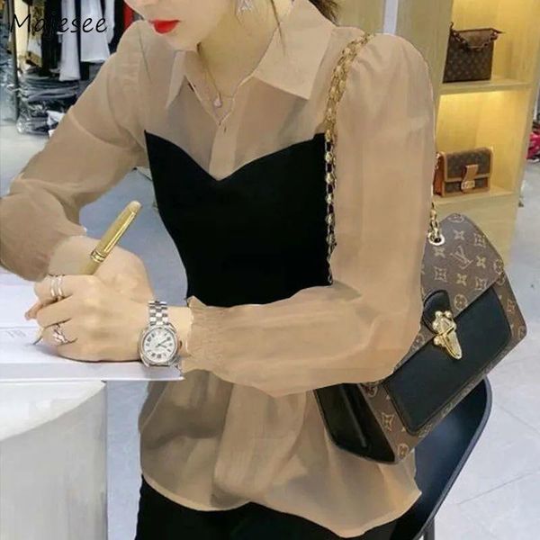 

women's blouses & shirts blouse women chiffon patchwork elegant turn-down collar office ol leisure abdomen fake two piece female clothi, White