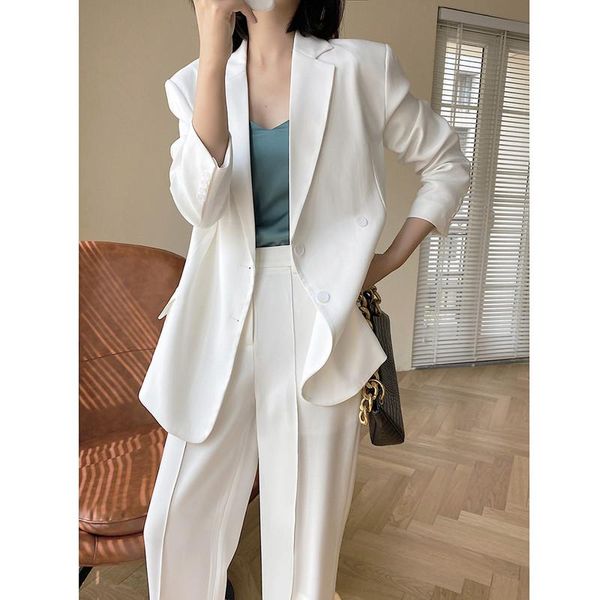 

women's two piece pants suit suits double breasted blazer+wide leg 2 set loose casual blazer clothes, White
